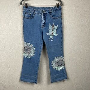 AZI Beaded Sunflower Floral Bug Jeans Embellished Raw Hem Ankle Sz 29